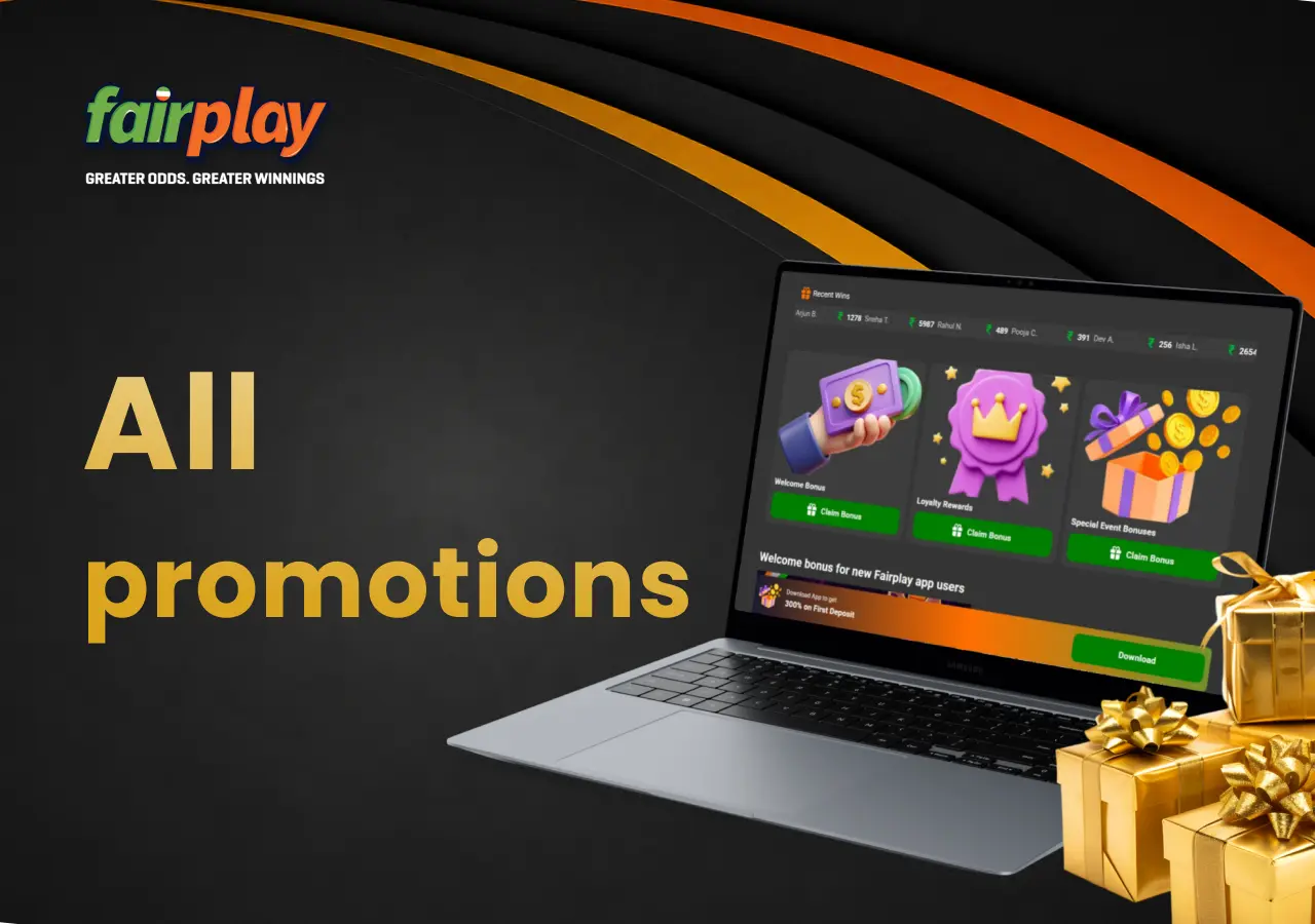 All available bonuses and promotions listed on a laptop, with gift boxes close by.