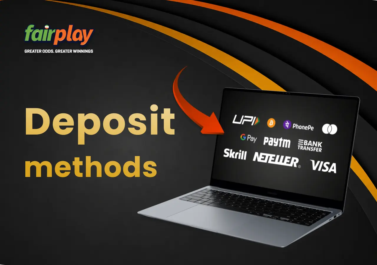 Laptop displaying Fairplay’s payment methods, with an arrow pointing to the transaction options.