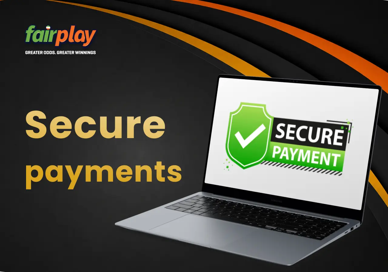Laptop displaying the FairPlay secure payment page and its transaction safety features.