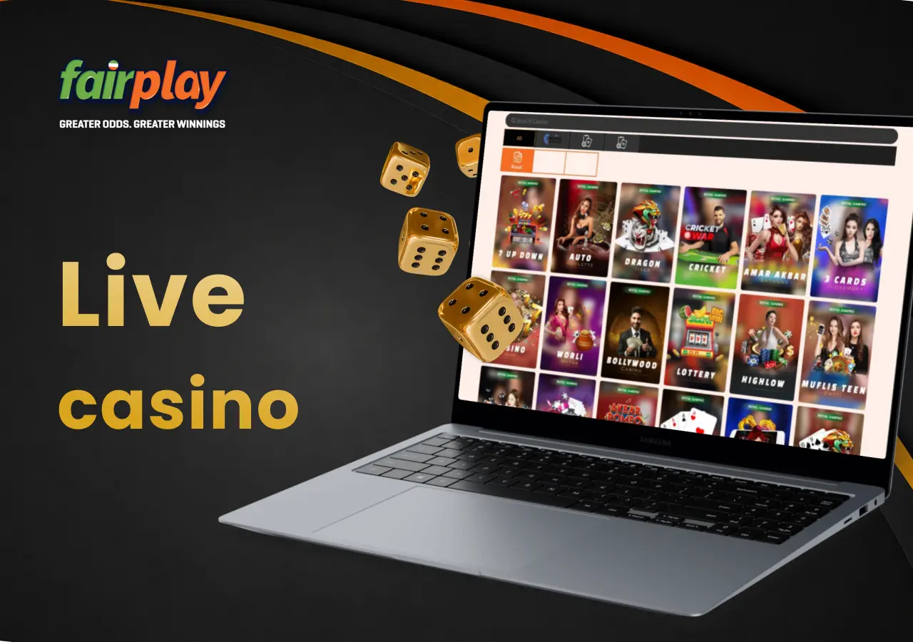Laptop showing the FairPlay live casino page with dice beside it.