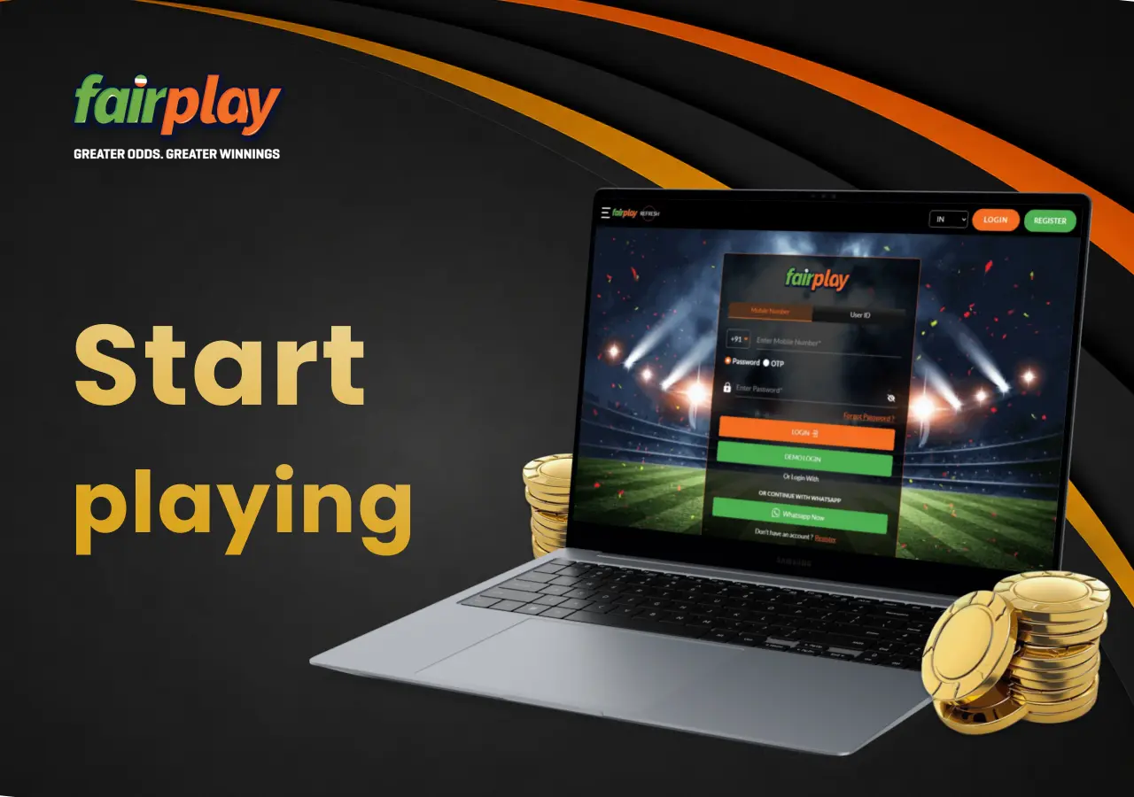 Laptop showing the FairPlay registration page, with casino chips beside the screen.