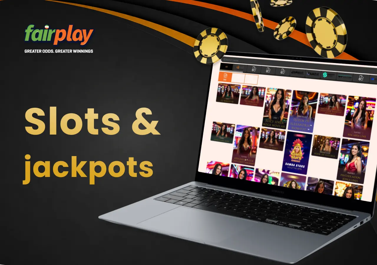 The Fairplay slots section on a laptop, with casino chips placed next to the screen.