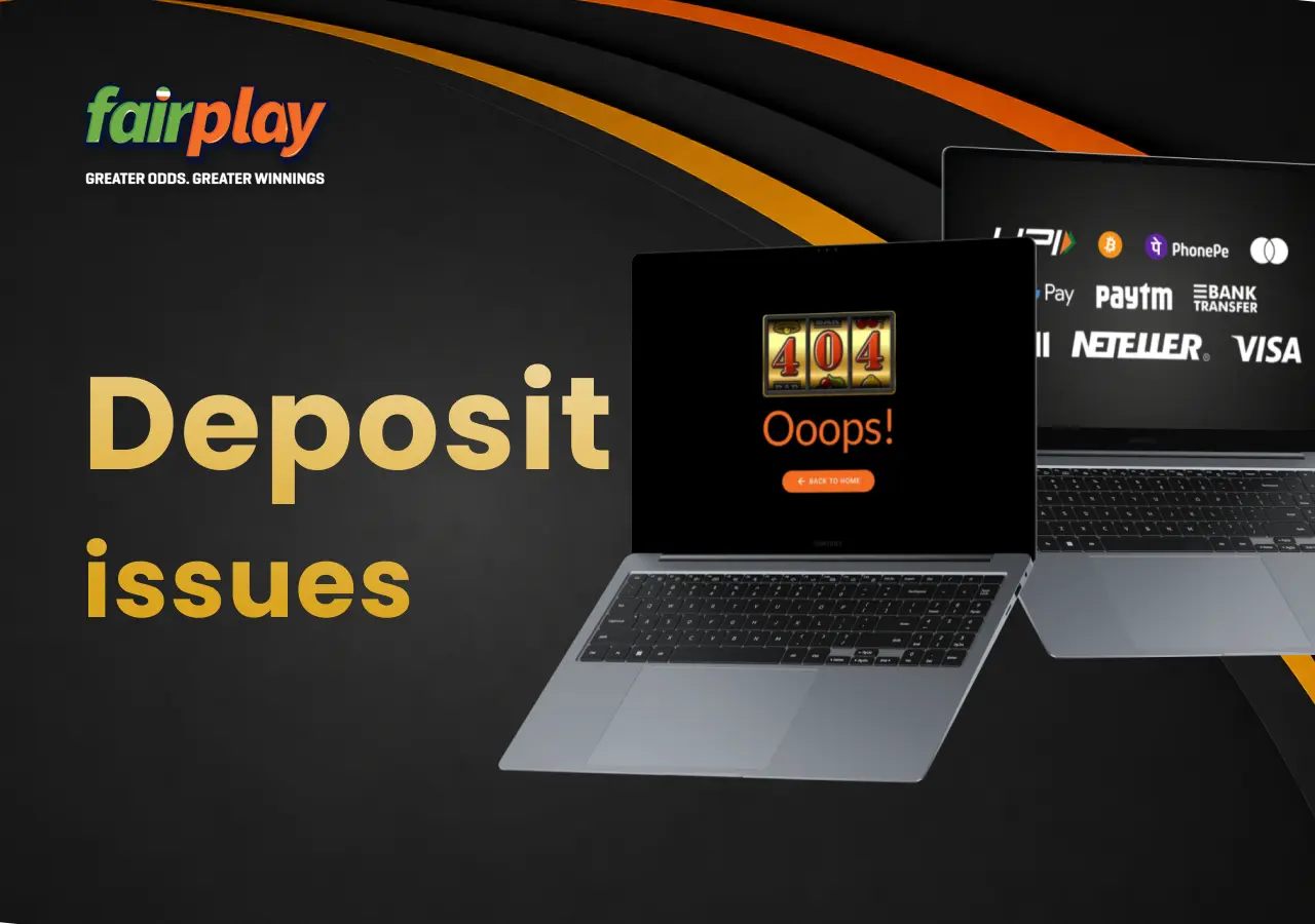 Two laptops side by side, one with a Fairplay payment error message and one with the available payment methods.