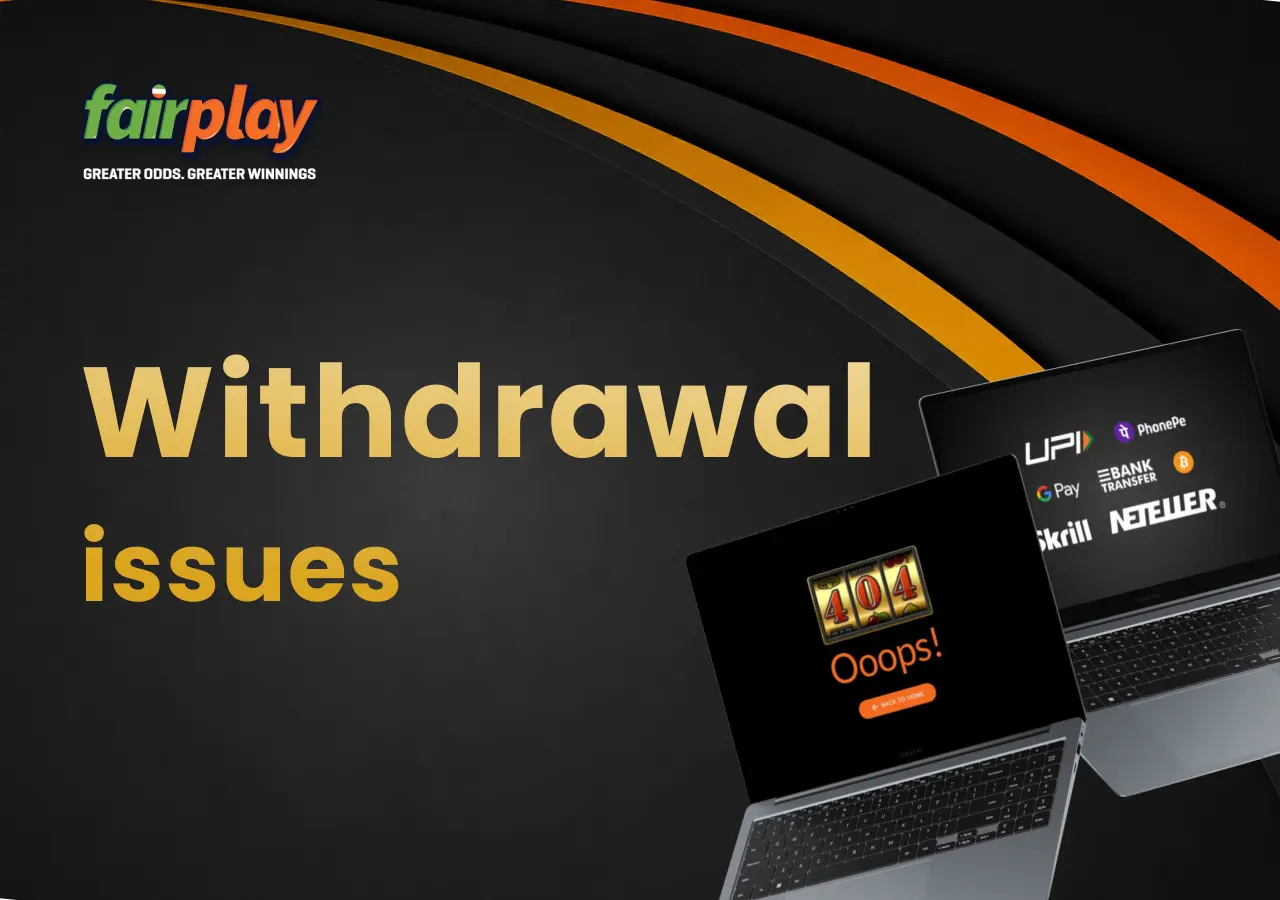 Two laptops side by side, one with a Fairplay withdrawal error message and one with the available cashout methods.