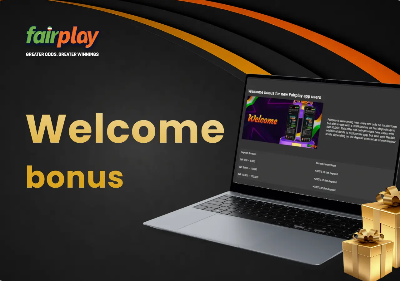 Welcome bonus offers on Fairplay shown on a laptop with gift boxes beside it.